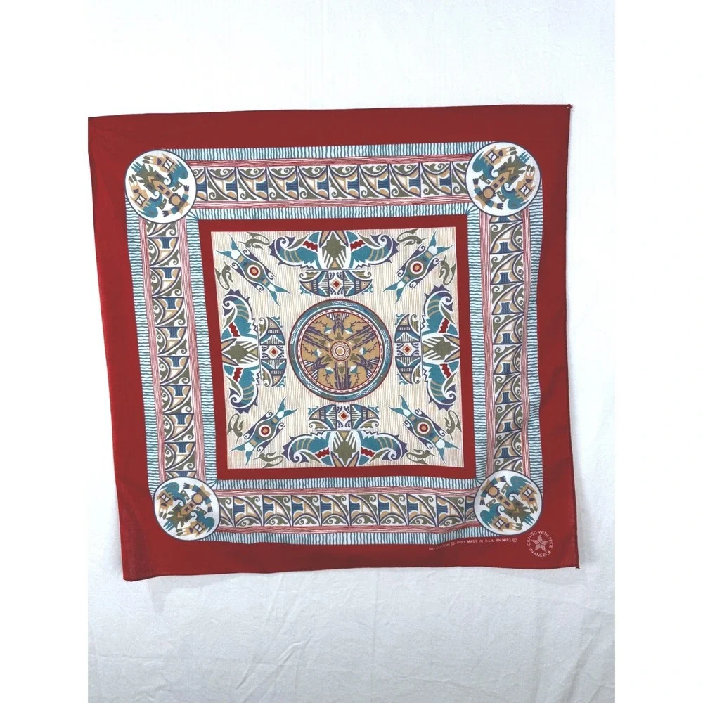 Vintage Southwestern Bandana Coral Geometric Tribal Print Made in USA 21x22